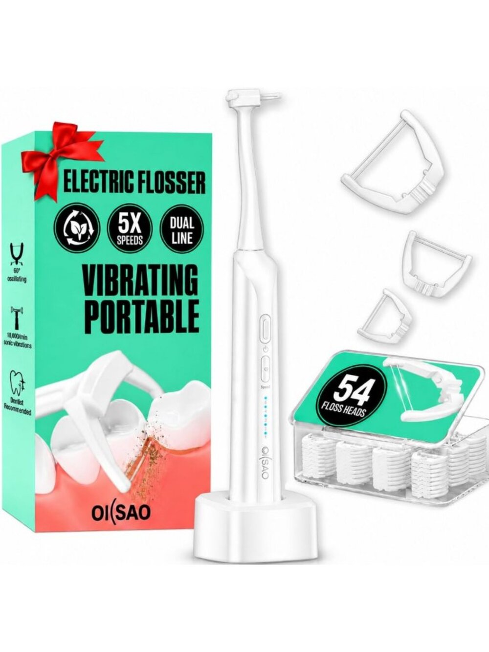 Electric Dual-Line Flosser with 54 Refill Heads & 5 Modes - White Oral Care